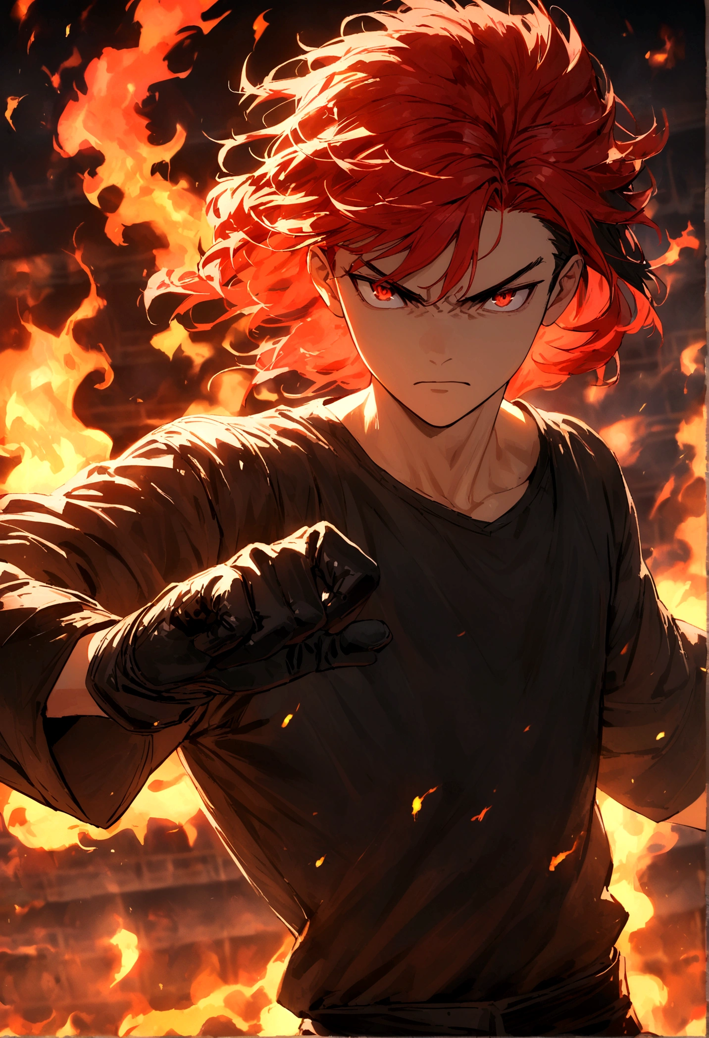 boy, hair lifted up, medium length hair, multicolored fiery red hair, serious face, Eyes red, loose black shirt, pair of medium black gloves, fire aura around the character, scene in a fighting arena, lot of details
