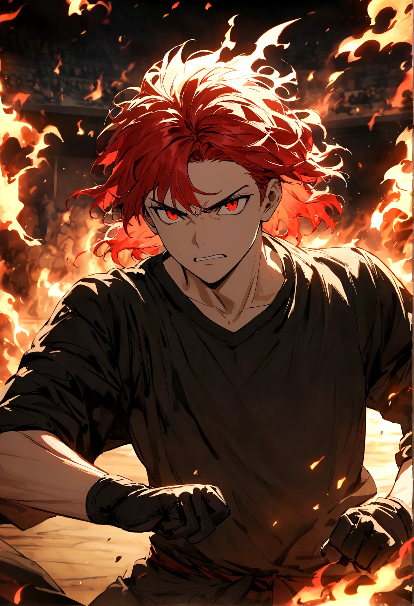 boy, hair lifted up, medium length hair, multicolored fiery red hair, serious face, Eyes red, loose black shirt, pair of medium black gloves, fire aura around the character, scene in a fighting arena, lot of details