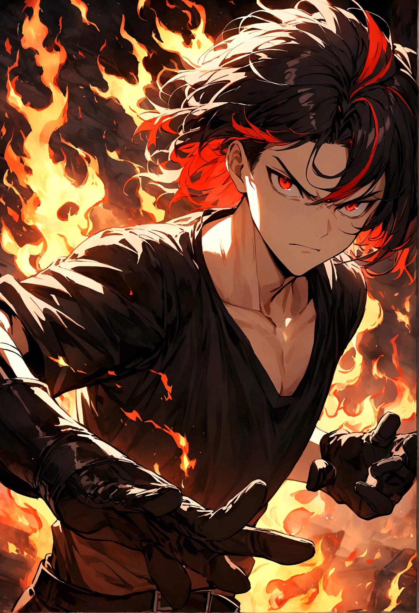 Teenage boy, hair lifted up, medium length hair, multicolored fiery red hair, serious face, Eyes red, loose black shirt, pair of medium black gloves, fire aura around the character, scene in a fighting arena, lot of details