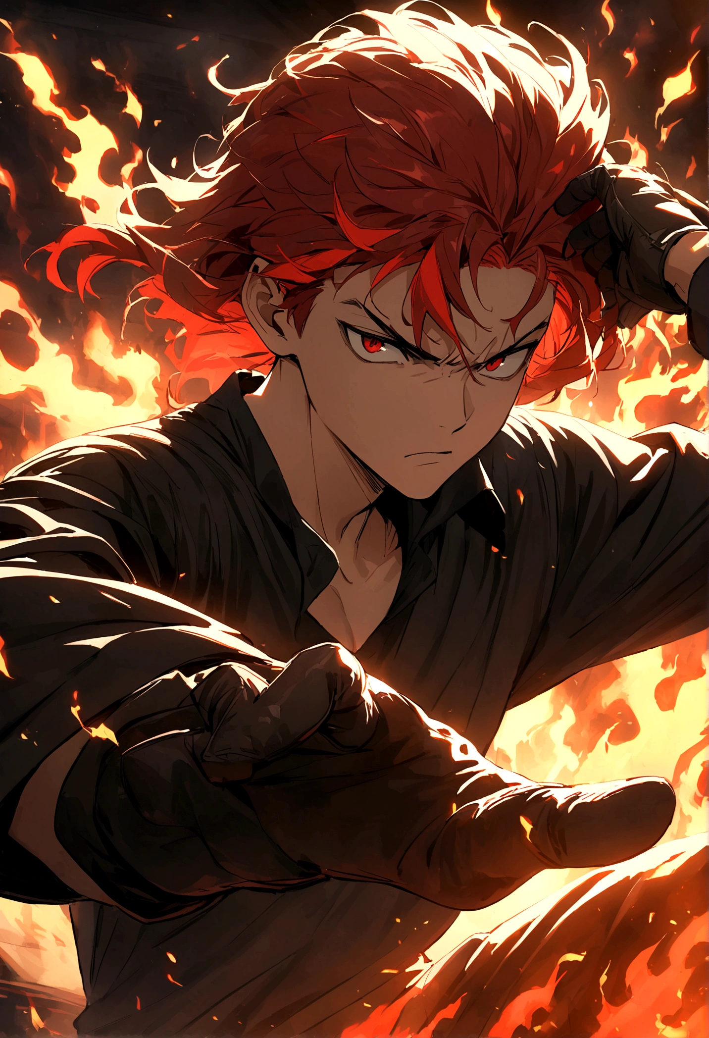 age boy, hair lifted up, medium length hair, multicolored fiery red hair, serious face, Eyes red, loose black shirt, pair of medium black gloves, fire aura around the character, scene in a fighting arena, lot of details
