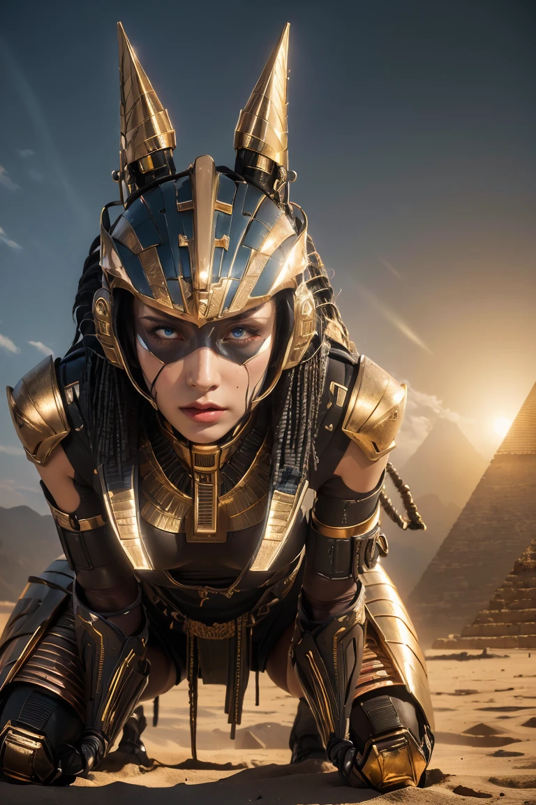 ((Highest quality、8K、masterpiece:1.3))、Realistic, Sharp focus, High resolution, High resolution, Portraiture, One person, woman, beautiful woman, (((Action pose)))、Ancient Egypt、Cyber Battlesuit、Complex technology, pyramid、Ancient Egypt都市、Light and shadow、Laser light、Copper-colored hair