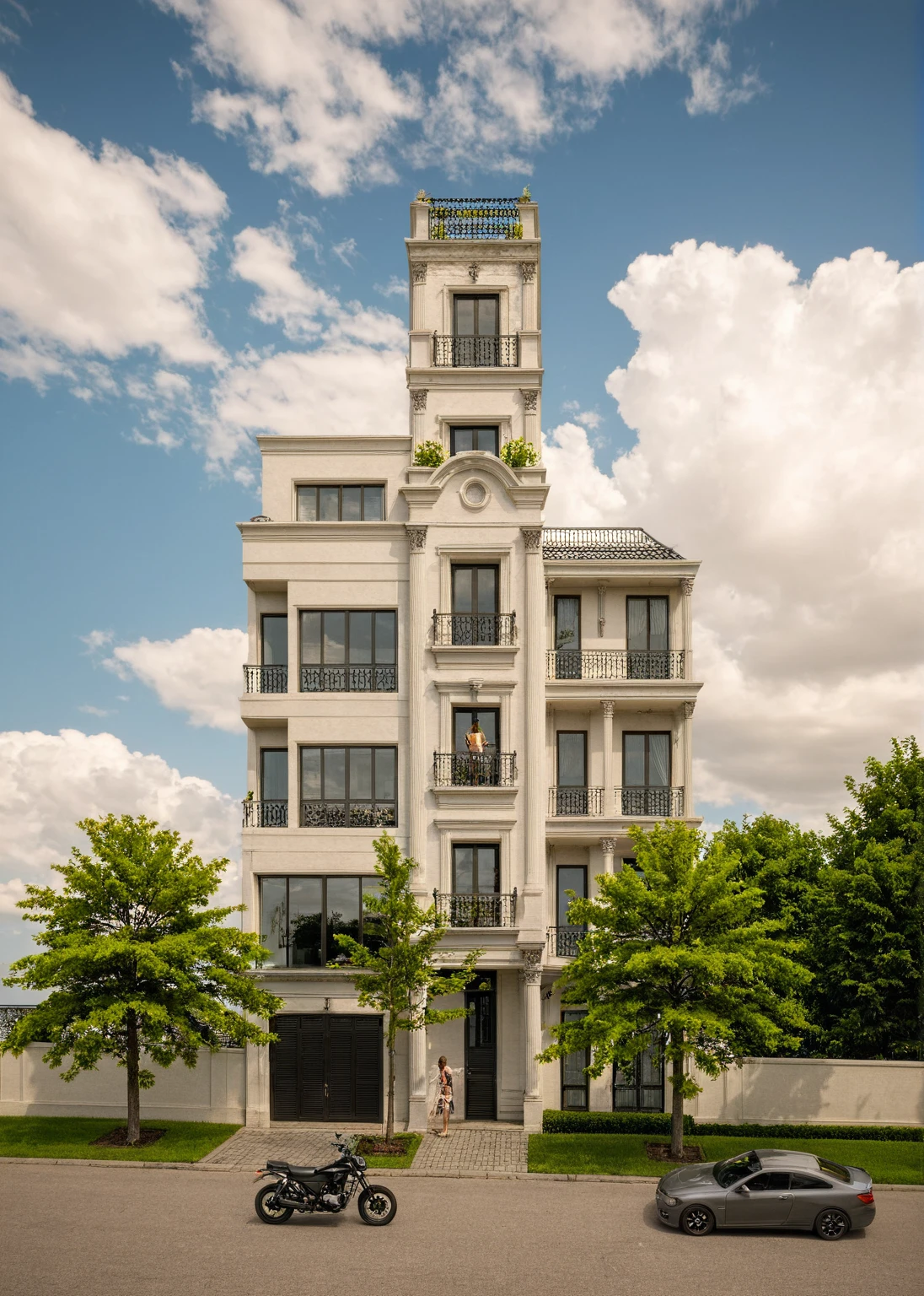 Raw photo,Masterpiece, high quality, best quality, authentic, super detail,
exterior, outdoors, house style neoclassic on the street ,aiaigroup, car, motobike, girl, human,
road,pavement, grass, trees, sky, cloud, (day:1.1)
