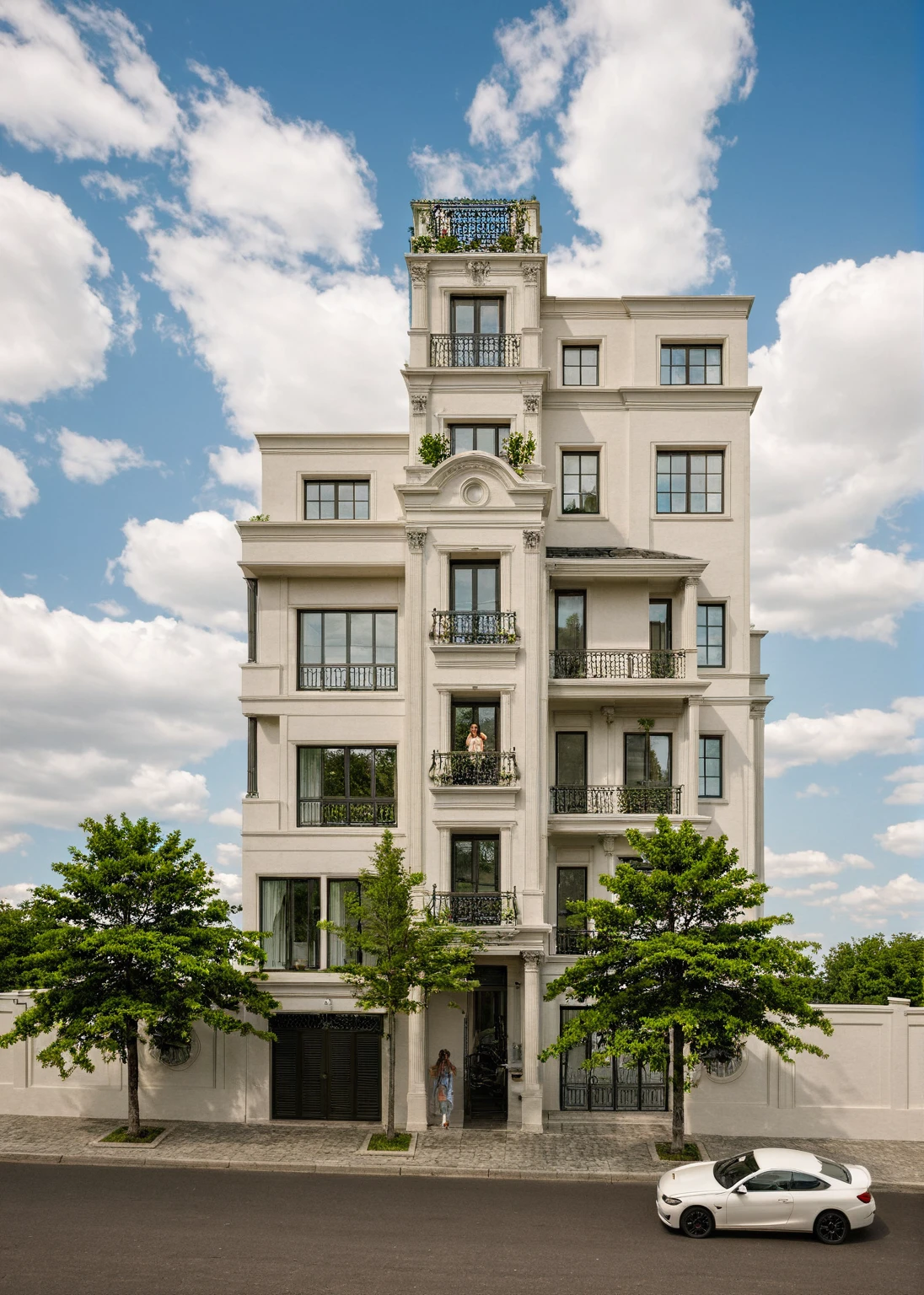 Raw photo,Masterpiece, high quality, best quality, authentic, super detail,
exterior, outdoors, house style neoclassic on the street ,aiaigroup, car, motobike, girl, human,
road,pavement, grass, trees, sky, cloud, (day:1.1)