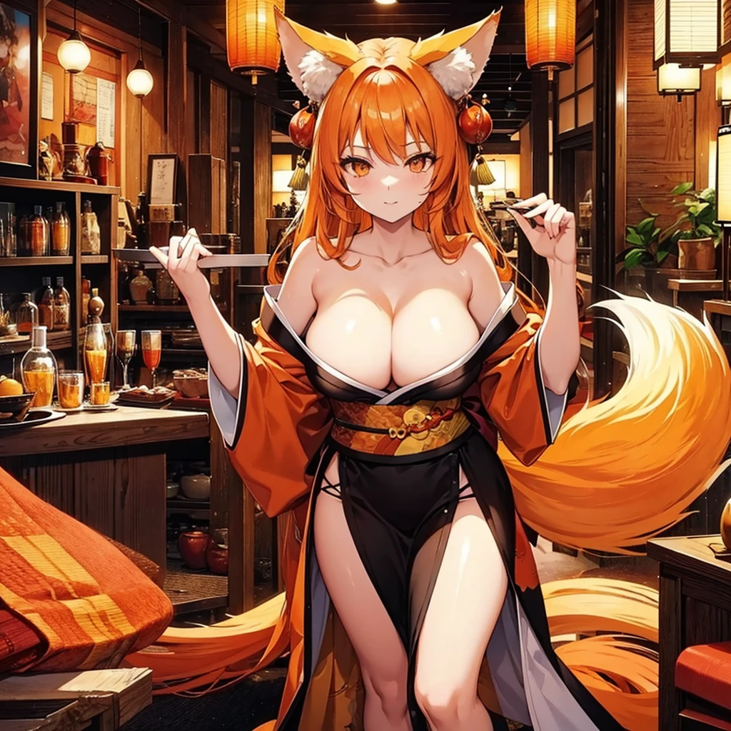 1 kitsune woman. Tall. Busty. wearing a revealing kimono. 9 big fluffy tails. Long Orange hair. Cute and soft Smile. inside an antique shop.