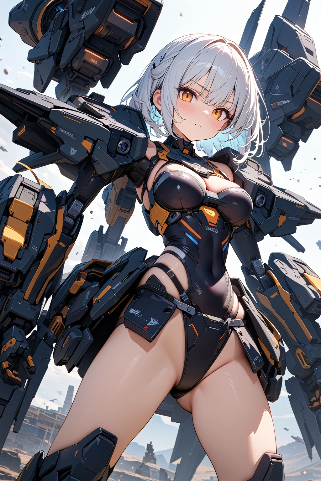(masterpiece, best quality:1.5), (ultra detailed, high resolution, 8k, beautiful detailed, UHD, best anatomy), white hair, medium breasts, mecha musume, Body made of machines, fighting formation, expressionless, cute face, An ominous place