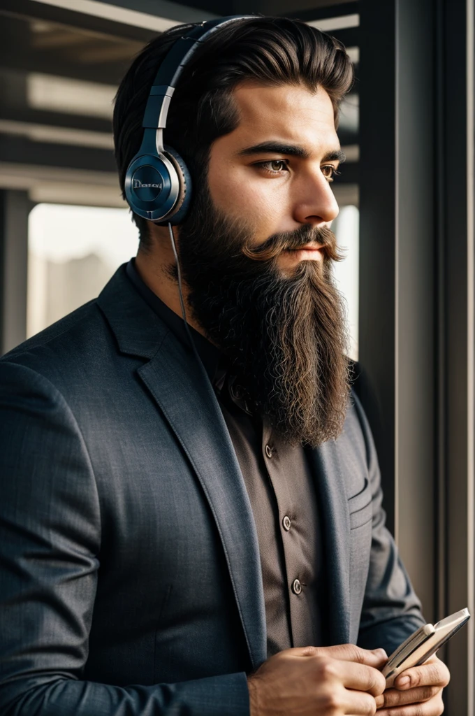 Beard Men listen surah in headphone and very deeply 