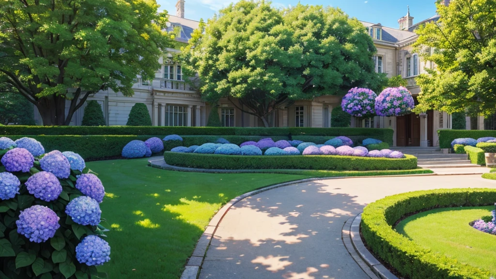 A classic style magic academy, large academy building, a large frontyard, filled with green trees, a lot of colorful hydrangea, a bench, a classic lamps, front-view