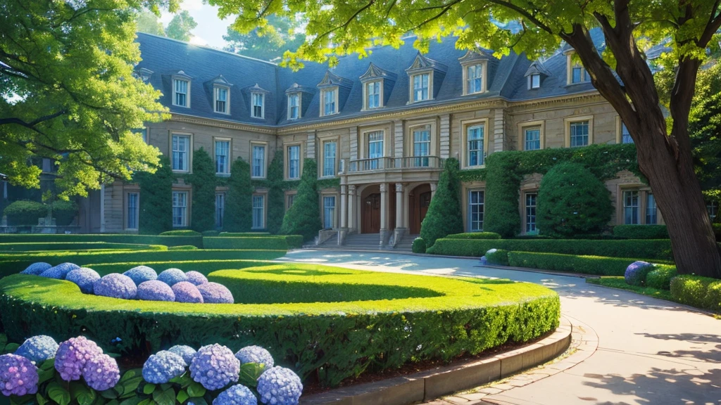 A classic style magic academy, large academy building, a large frontyard, filled with green trees, a lot of colorful hydrangea, a bench, a classic lamps, front-view