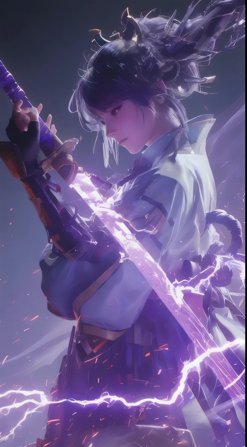 anime girl with a sword and lightning in her hand, ross tran 8 k, sakimichan frank franzzeta, keqing from genshin impact, artgerm and atey ghailan, ross tran and bayard wu, extremely detailed artgerm, zhongli from genshin impact, by Yang J, ross tran and wlop