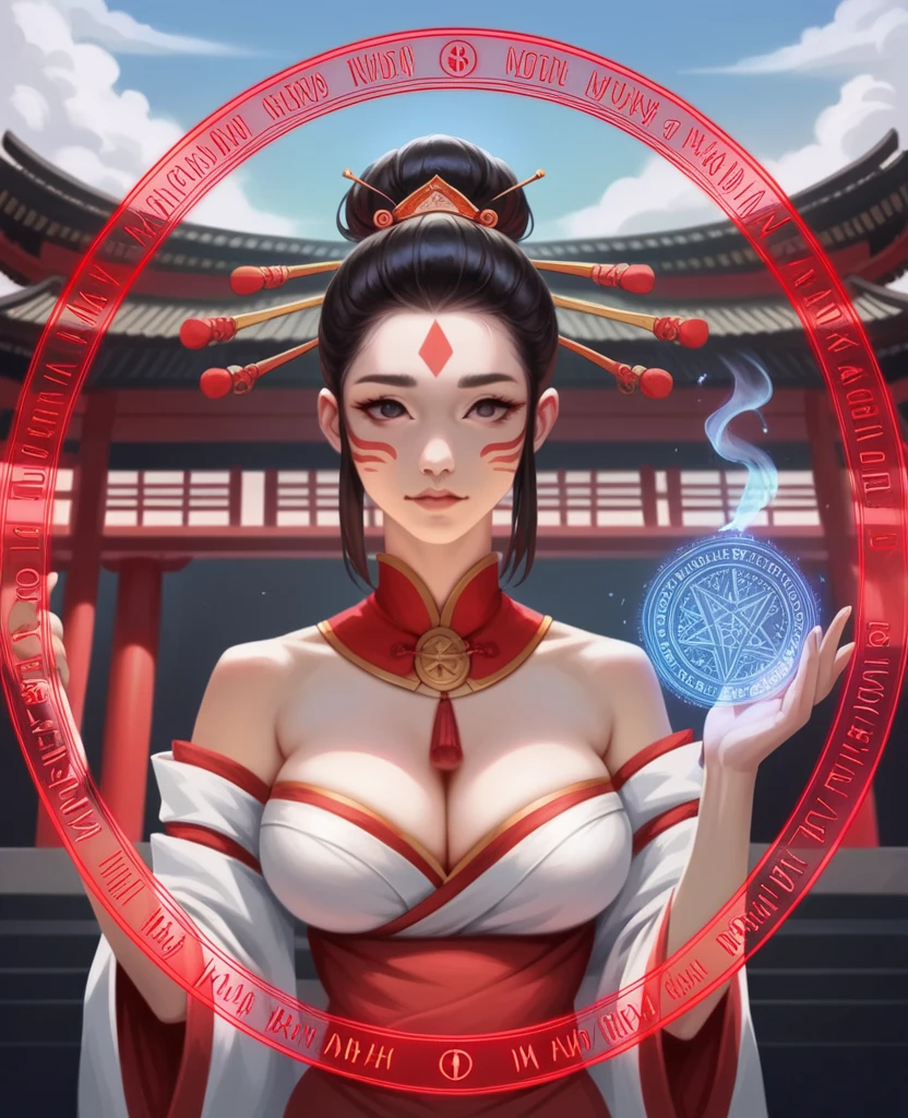Highest quality,masterpiece,Ultra-high resolution,(Realistic:1.4),Xiuxian,arms,Detailed face,, One girl,alone,arms,Cleavage,(magic circle:1.2),Xiuxian,Upper Body,beautiful girl,whole body,east asian architecture,sheath,architecture,NSFW