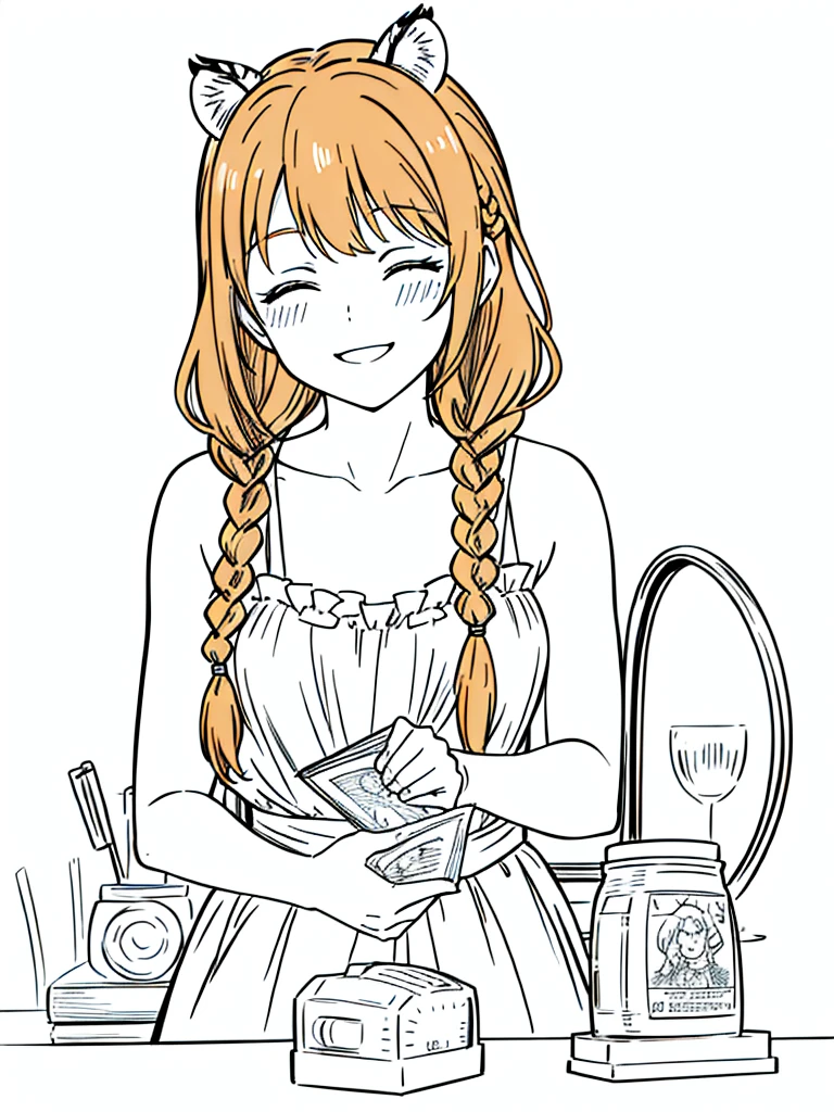 1girl,20 years old,mature female,solo,tiger ears,long hair,(twin braids),orange hair,(white background,line drawing),blush,open mouth,smile,closed eyes,drunked,portrait,smile,teeth
