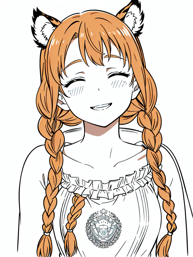 1girl,20 years old,mature female,solo,tiger ears,long hair,(twin braids),orange hair,(white background,line drawing),blush,open mouth,smile,closed eyes,drunked,portrait,smile,teeth