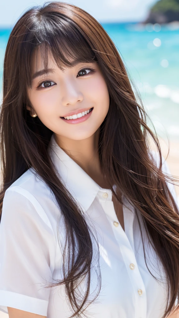 (8k, Best Quality, Masterpiece:1.2), (Realistic, Photorealistic:1.37), Ultra Detailed, Small,1 Girl,Cute,Solo,Beautiful Detailed Sky,Date,(Blush),(Smile:1.15),(Closed Mouth)Small Breasts, Delicate Body、Black Eyes、Neat,Beautiful Detailed Eyes,(Long Hair: 1.2)Black Hair,Floating Hair NovaFrogStyle, Full body, Thin legs, White blouse