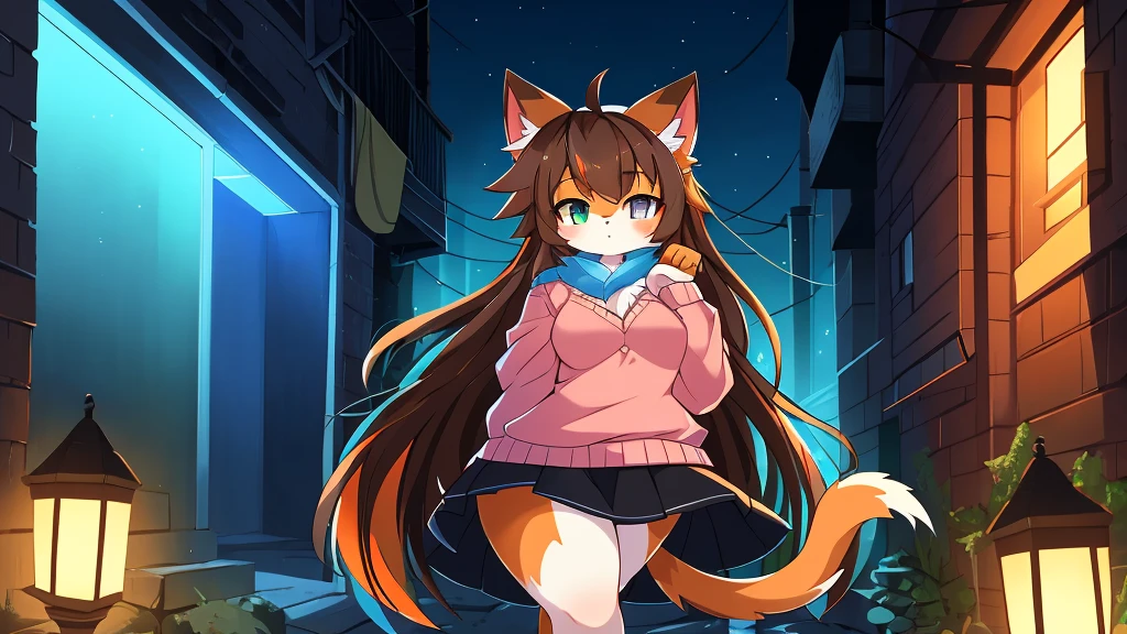 by, by itihi3 イチヒ(Ichihi) beautiful and detailed portrait of a girl (((female))) anthro goat, lighting Zenematic, seductive, bl, cat, thighighs, big chest, full body, beautiful, messy hair, brown hair, white eyes, thicc, solo, standing, long hair, 2-tone hair ((orange | black)), cat ears, Totora, Totora, Thighighs, Calico cat, Heterochromia ((green | blue)), pink sweater, black skirt, dark alley