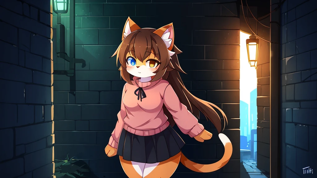 by, by itihi3 イチヒ(Ichihi) beautiful and detailed portrait of a girl (((female))) anthro goat, lighting Zenematic, seductive, bl, cat, thighighs, big chest, full body, beautiful, messy hair, brown hair, white eyes, thicc, solo, standing, long hair, 2-tone hair ((orange | black)), cat ears, Totora, Totora, Thighighs, Calico cat, Heterochromia ((green | blue)), pink sweater, black skirt, dark alley