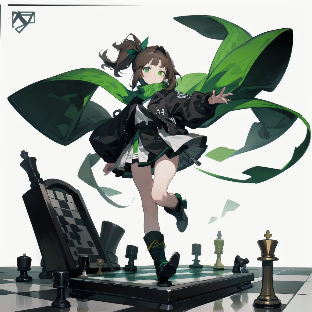 [(White background:1.15), ::2]Solitary, Medium shot, whole body，High saturation a girl，（Brown side ponytail），dynamic，Jumping，Green eyes，[White background 1::5]，Dark green windbreaker，Mini skirt，Black Silk，（Stand on a giant chess board），boots， Black and white diamond tiles on the floor，（（（White background1::5））），（（（beautiful eyes））），（（Facial portrayal）），（（Delicate face）），Sunflower decoration，（Flowing scarf）