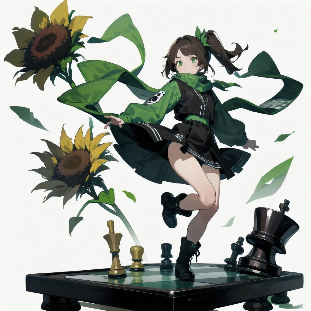 [(White background:1.15), ::2]Solitary, Medium shot, whole body，High saturation a girl，（Brown side ponytail），dynamic，Jumping，Green eyes，[White background 1::5]，Dark green windbreaker，Mini skirt，Black Silk，（Stand on a giant chess board），boots， Black and white diamond tiles on the floor，（（（White background1::5））），（（（beautiful eyes））），（（Facial portrayal）），（（Delicate face）），Sunflower decoration，（Flowing scarf）