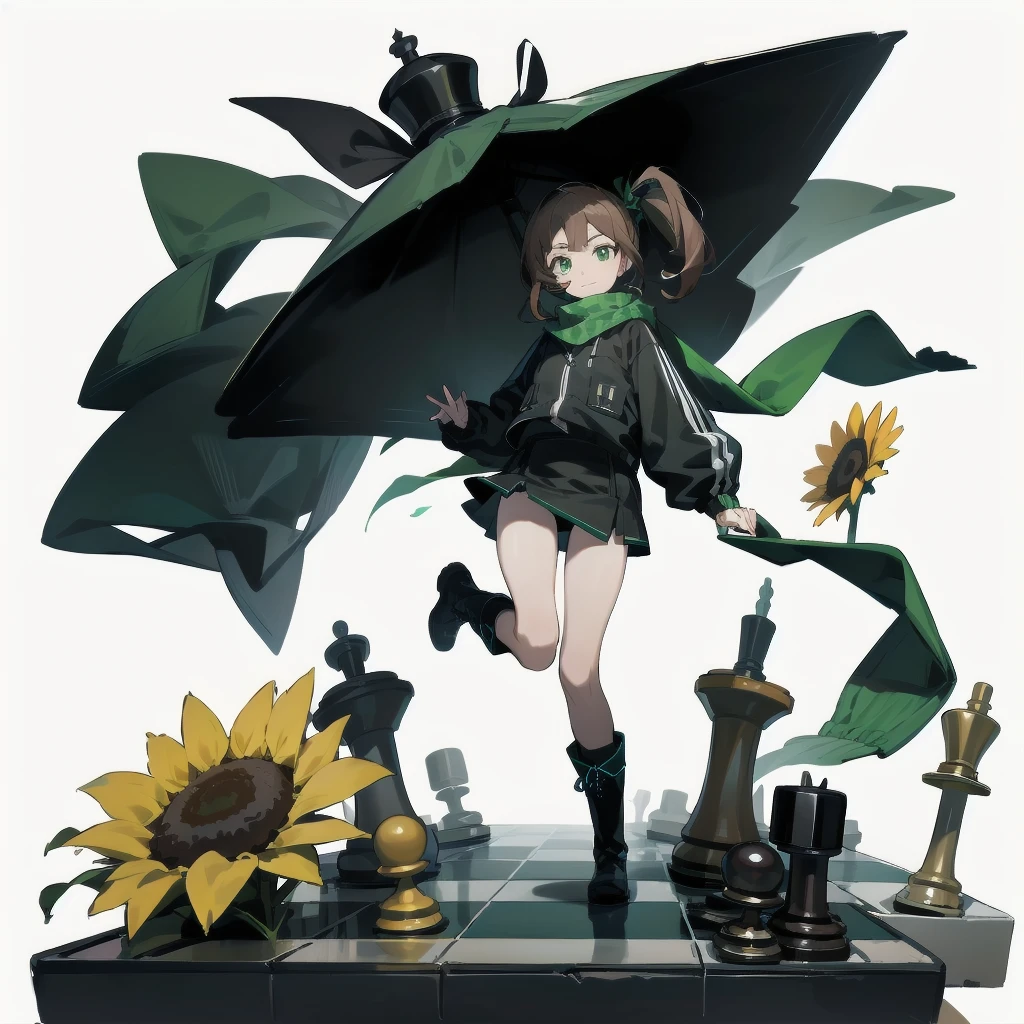 [(White background:1.15), ::2]Solitary, Medium shot, whole body，High saturation a girl，（Brown side ponytail），dynamic，Jumping，Green eyes，[White background 1::5]，Dark green windbreaker，Mini skirt，Black Silk，（Stand on a giant chess board），boots， Black and white diamond tiles on the floor，（（（White background1::5））），（（（beautiful eyes））），（（Facial portrayal）），（（Delicate face）），Sunflower decoration，（Flowing scarf）