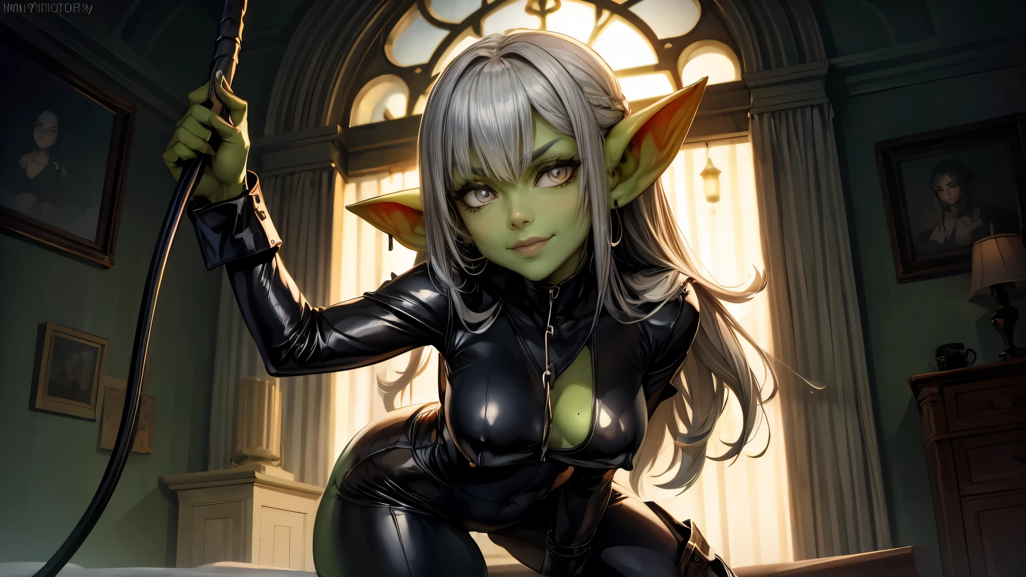 masterpiece, absurdres, 4k, (green skin), small pointy ears, portrait goblin woman psychiatrist, wearing ornate leather dominatrix outfit, posing with a whip, dynamic pose, wide stance, jewelry, medium breasts, sly smile, ((long silver hair)), volumetric lighting, grey eyes, ambient lighting, dimly lit, sexy lighting, cinematic still, sexy, dangerous, turned on, whips and chains in background