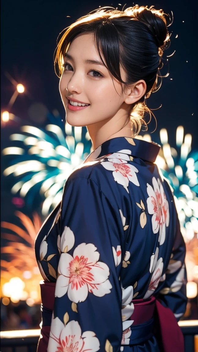 ((masterpiece)),(((Highest quality))),((Character design sheet)),A floral yukata in a combination of light blue and navy blue.:1.5，Stylish sandals:1.5，The best smile:1.5，Upper Body Shot:1.5，Fireworks background at night:1.5，Flashy makeup using red eyeshadow:1.5，Hair Bun:1.5，