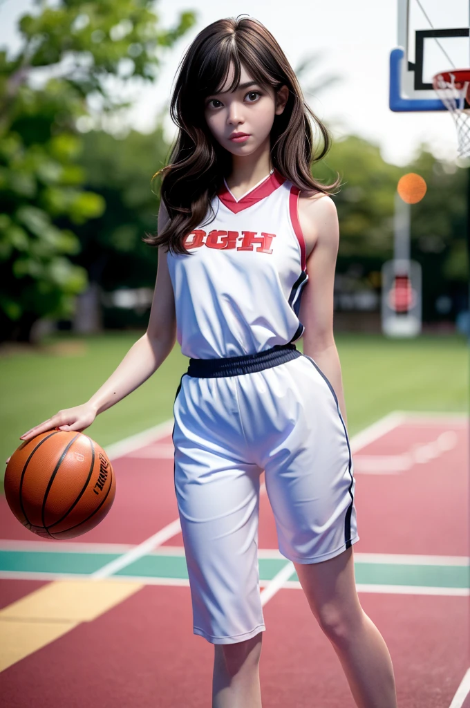 (8k, best quality, masterpiece:1.2), (realistic, photo-realistic:1.37), ultra-detailed,best quality, ultra high res, professional lighting, photon mapping, radiosity, physically-based rendering, cinematic lighting, basketball court,depth of field, sharp focus,sunbeam, good composition,(bokeh:1.2) 1girl,solo,(full body), (closed mouth),beautiful detailed eyes, pose, narrow waist,basketball uniform, black hair,messy hair,long hair floating in wind,(ulzzang-6500:1.2)
 mix4, hiqcgbody