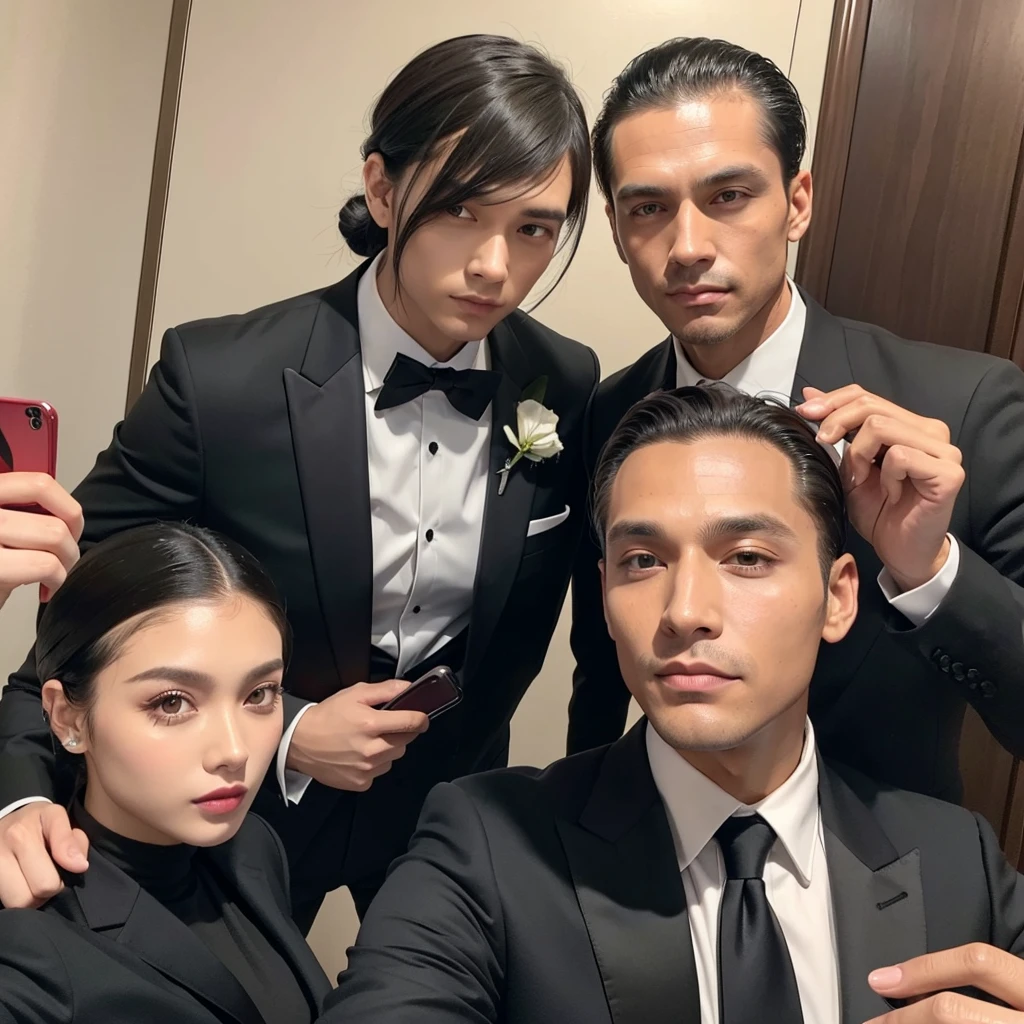 A man with his bangs down and a man with his hair slicked back are taking a selfie, suit, Luxury