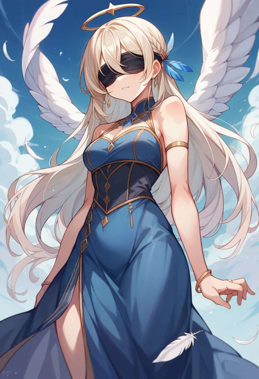 high resolution、live-action、Real、blue sky、White cloud、Angel、Feather、beautiful girl、Slender、Blue clothes、dress、Blindfold