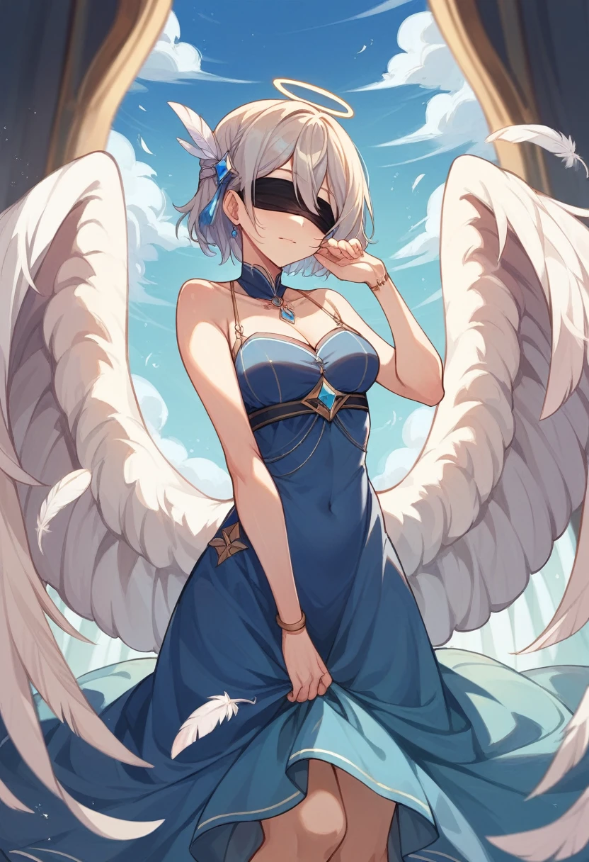 high resolution、live-action、Real、blue sky、White cloud、Angel、Feather、beautiful girl、Slender、Blue clothes、dress、Blindfold