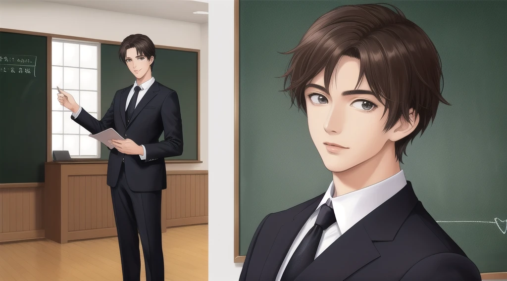 high quality、masterpiece、Teacher standing in front of the podium、Chalkboard at the back、male、Black suit、Anime Style、Close-up of face、Handsome