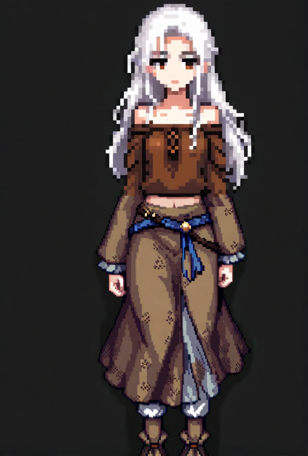 (Pixel art: 1.2), 1 girl, ragged and dirty brown medieval peasant clothes, off-shoulder and shoulder-less design, no acessories, blue eyes, front view, covered nipples, visible lips and nose, white hair, black background, angry and determined expression.