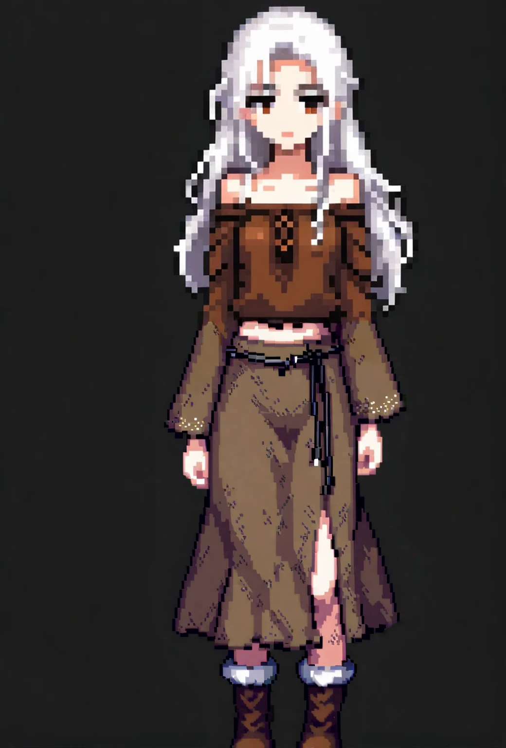 (Pixel art: 1.2), 1 girl, ragged and dirty brown medieval peasant clothes, off-shoulder and shoulder-less design, no acessories, blue eyes, front view, covered nipples, visible lips and nose, white hair, black background, angry and determined expression.