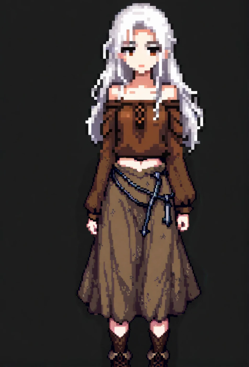 (Pixel art: 1.2), 1 girl, ragged and dirty brown medieval peasant clothes, off-shoulder and shoulder-less design, no acessories, blue eyes, front view, covered nipples, visible lips and nose, white hair, black background, angry and determined expression.