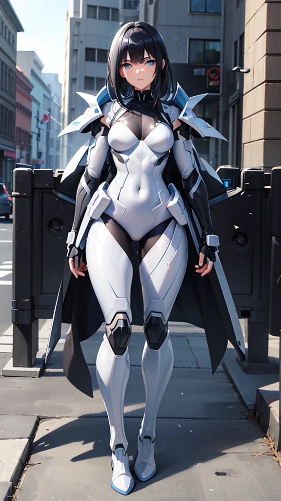 Create a 3D anime cartoon style image of a beautiful soldier with blue eyes and black hair., black suit, gray and white suit should have all the trappings of a street environment soldier suit ,full body shot 300 dpi , HDMI and full definition esena great vibrant tones, perfectly intricate details