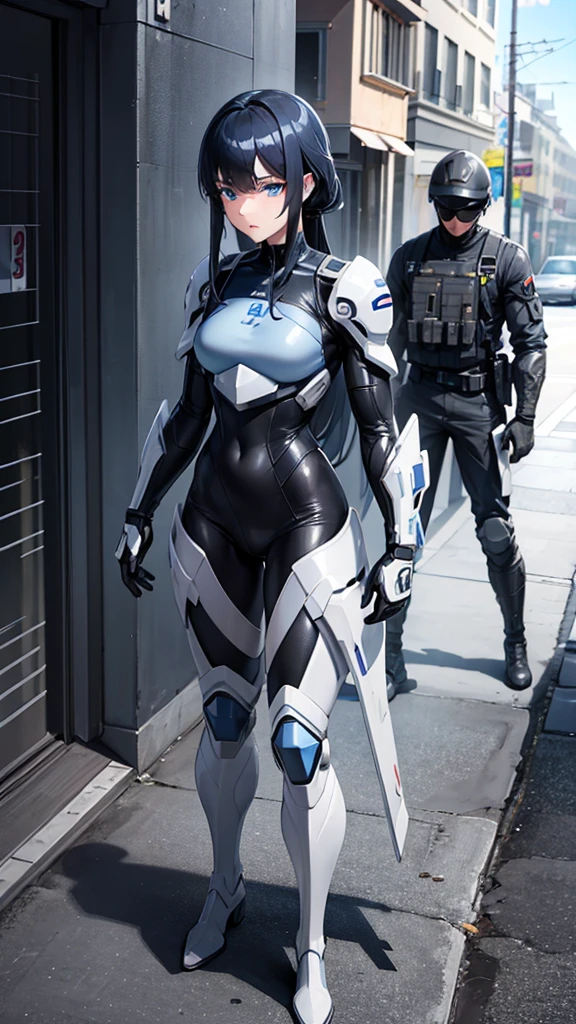 Create a 3D anime cartoon style image of a beautiful soldier with blue eyes and black hair., black suit, gray and white suit should have all the trappings of a street environment soldier suit ,full body shot 300 dpi , HDMI and full definition esena great vibrant tones, perfectly intricate details