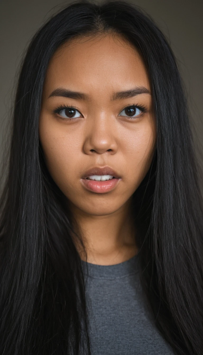 Hiper realistic and natural picture, A young pretty woman. Black streight weavy hair, blasian, predominantly Asian and dark skinned. angry face