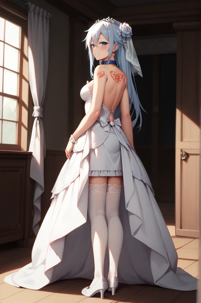 score_9, score_8_above, score_7_above,
eris,1 girl,alone,Blue eyes,for white,hair between the eyes, very long hair, clavicle, alone,long sleeves,wearing a wedding dress,wear a dog collar, bedroom, Naughty belly tattoo, the pregnancy, slave 