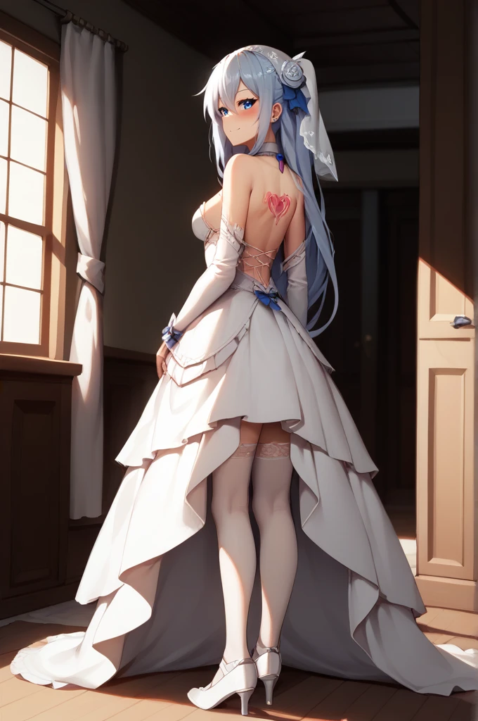 score_9, score_8_above, score_7_above,
eris,1 girl,alone,Blue eyes,for white,hair between the eyes, very long hair, clavicle, alone,long sleeves,wearing a wedding dress,wear a dog collar, bedroom, Naughty belly tattoo, the pregnancy, slave 