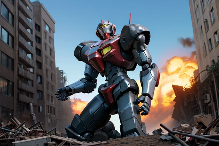 High resolution,high quality,(Perfect body),robot,Giant robot,Battle robot,Black robot,Dirty Powered Suit,Collapsed Building,Explosion behind