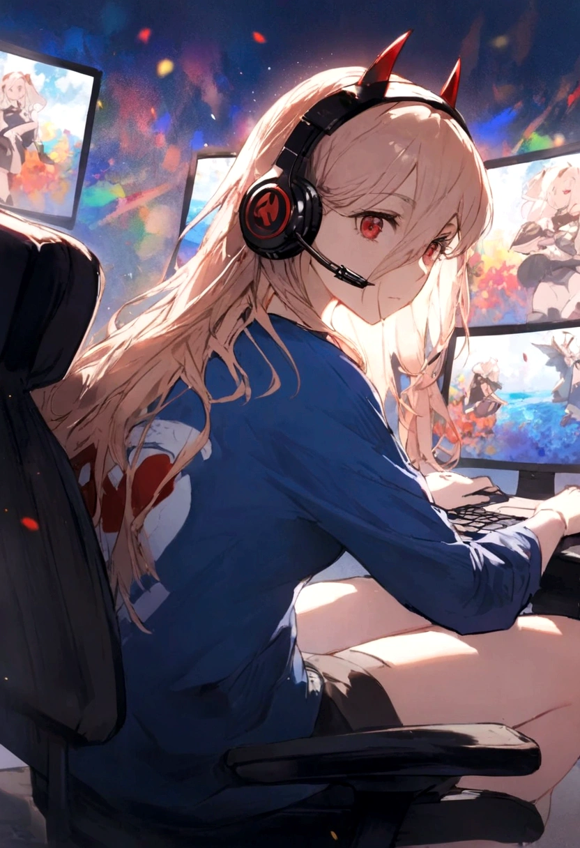 1 anime girl, wearing a blue shirt with the name harl on the back, sitting on a chair, Wearing Headphones, playing on pc, focused on the game, with blue and red particles around.