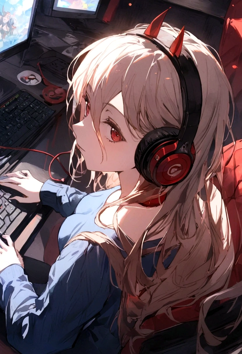 1 anime girl, wearing a blue shirt with the name harl on the back, sitting on a chair, Wearing Headphones, playing on pc, focused on the game, with blue and red particles around.