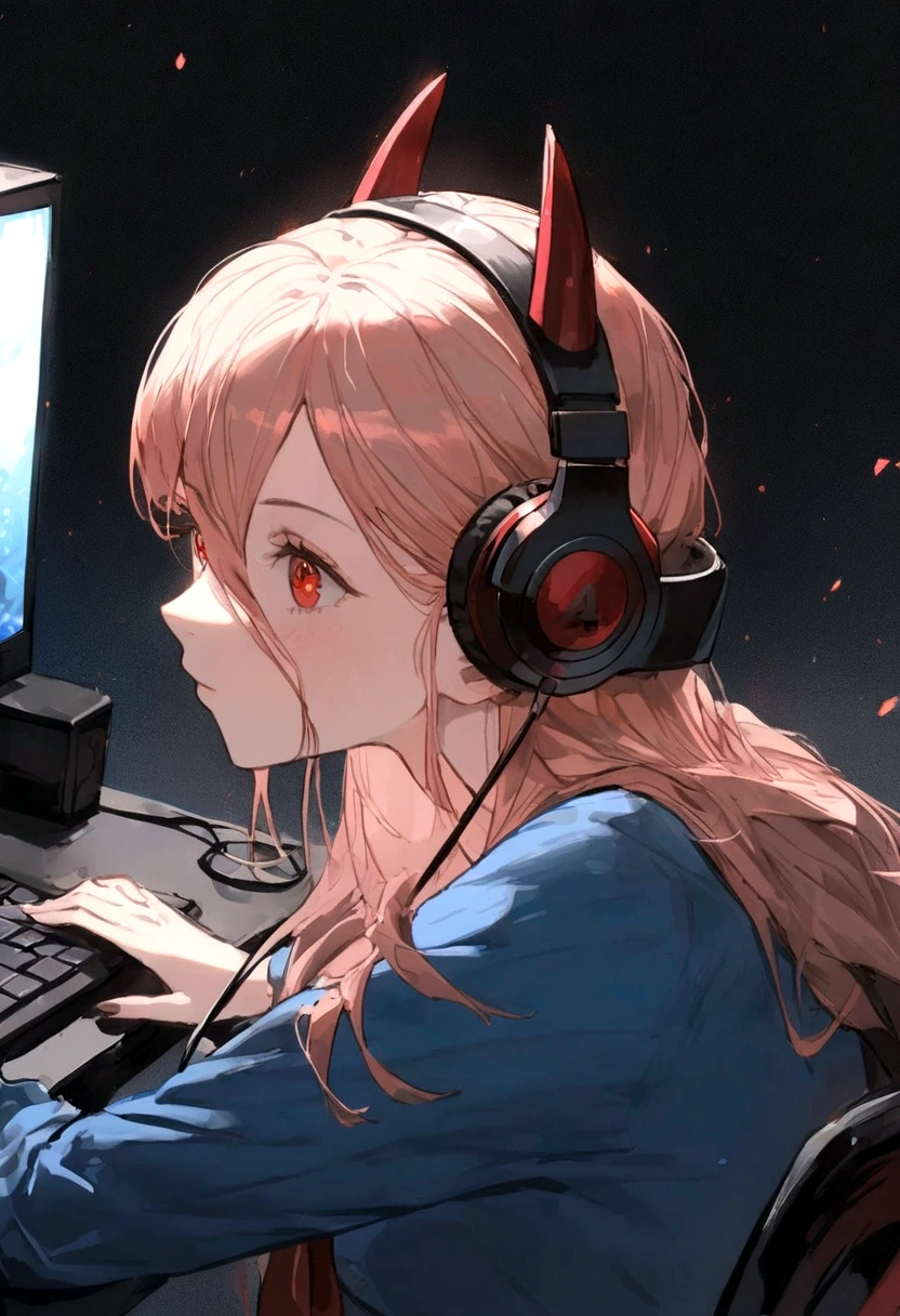 1 anime girl, wearing a blue shirt with the name harl on the back, sitting on a chair, Wearing Headphones, playing on pc, focused on the game, with blue and red particles around.