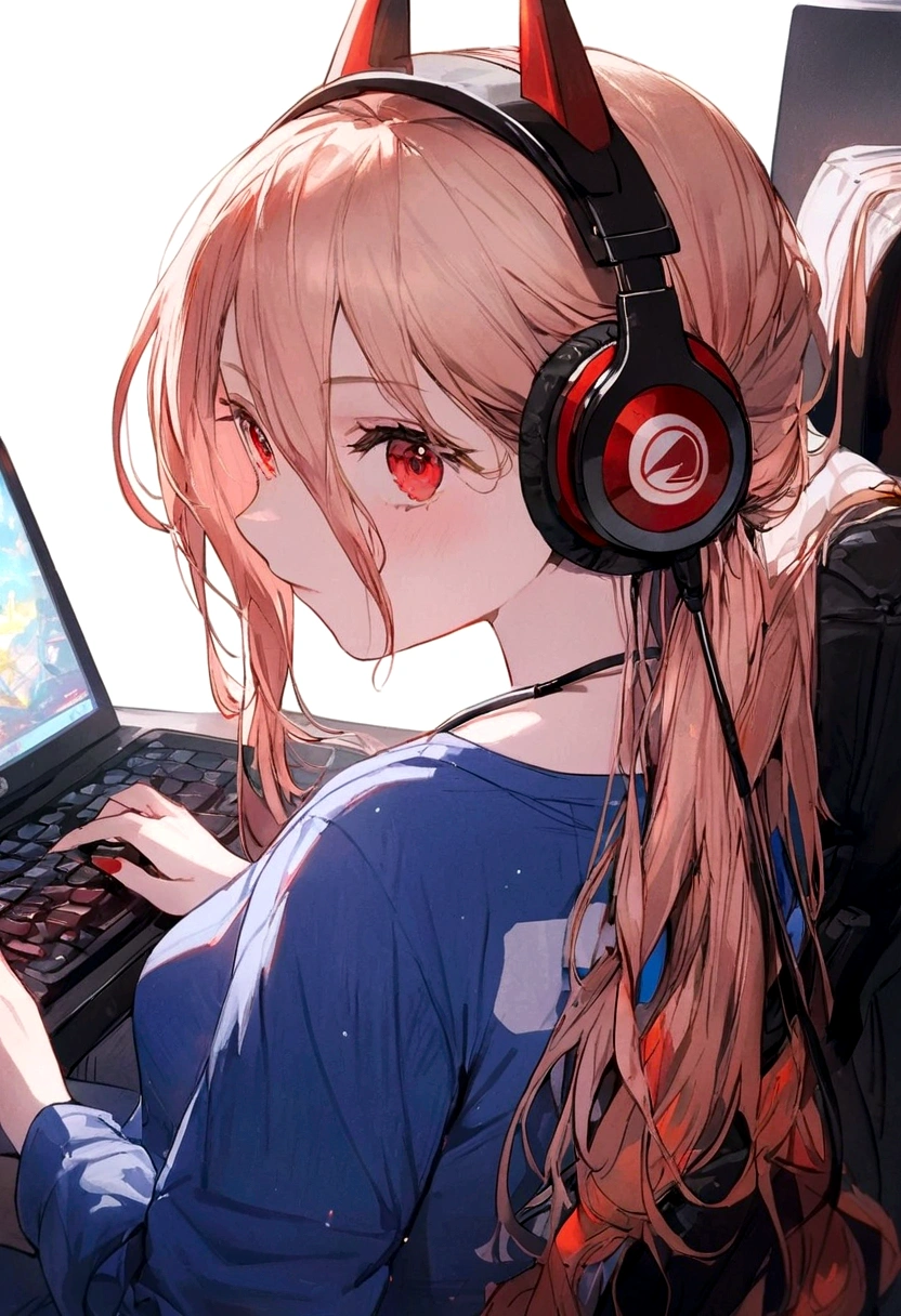 1 anime girl, wearing a blue shirt with the name harl on the back, sitting on a chair, Wearing Headphones, playing on pc, focused on the game, with blue and red particles around.