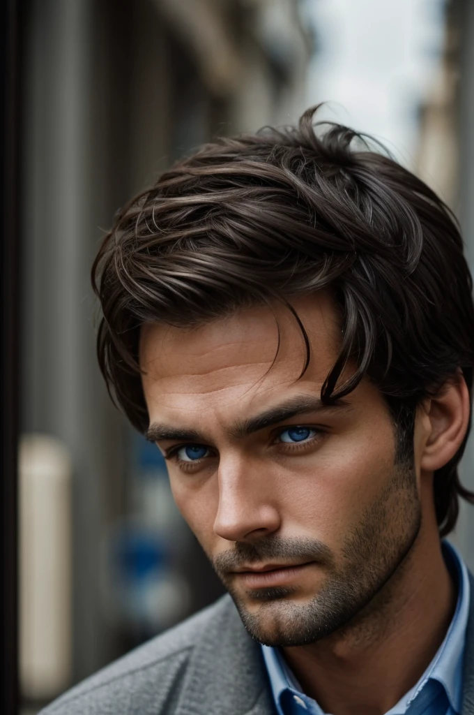 A man Dark brown hair that has slight gray strands starting to appear. Blue eyes that often harbor loneliness A face that looked solemn and tired