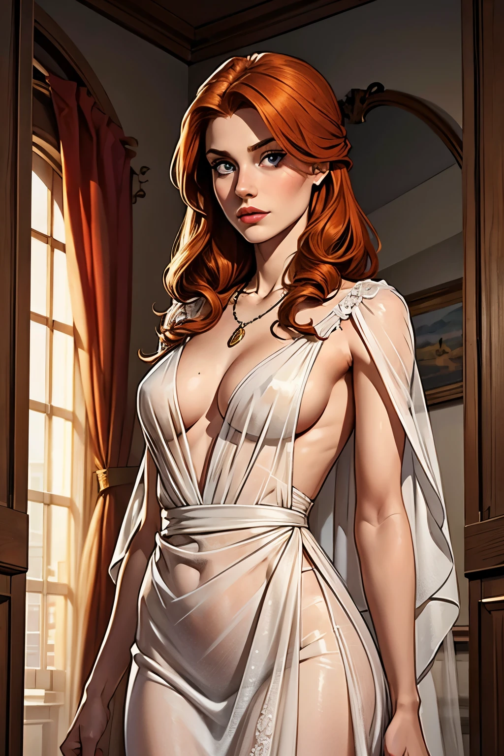 best qualityer, work of art, (realisitic: 1.2), 1 girl, slender girl, ginger hair, eyes browns, 3/4 view, face detailed, gorgeous eyes, eyes gray, eyes large, breasts small, necklace, see through gown