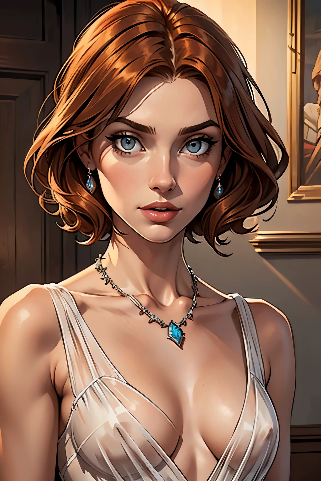 best qualityer, work of art, (realisitic: 1.2), 1 girl, slender girl, ginger hair, eyes browns, 3/4 view, face detailed, gorgeous eyes, eyes gray, eyes large, breasts small, necklace, see through gown