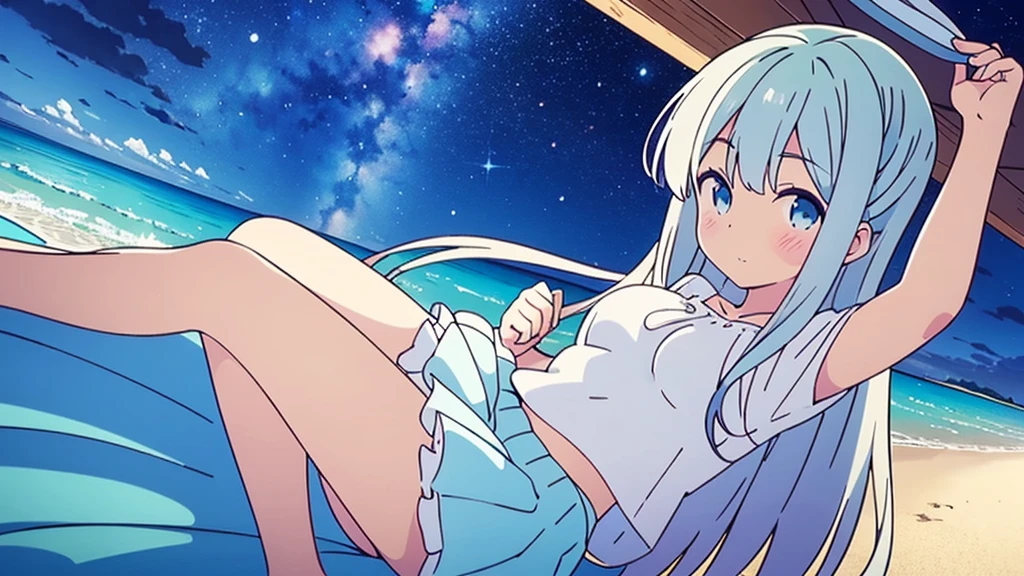 A nice white shirt that lets you see.. 、Light blue flared skirt with ruffles、She lifts her skirt with both hands to show off her pretty white underwear..、Cute white underwear visible when you lift your skirt..、sandy beach, beautiful sea, night and starry sky small breasts blue hair nekomimi