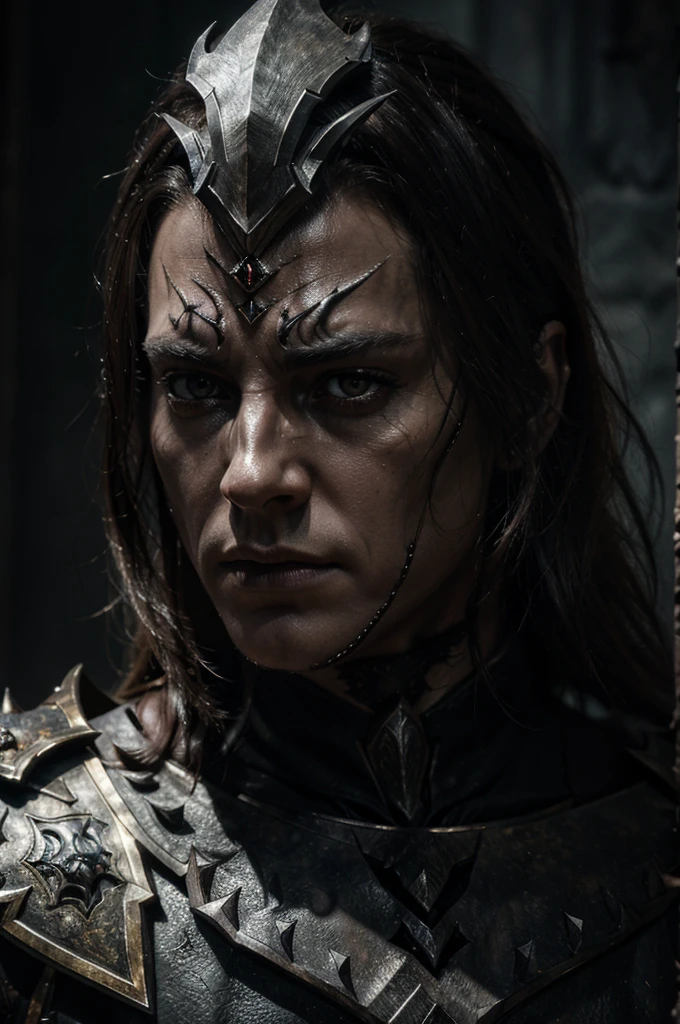 a highly detailed portrait of sauron the dark lord, dark fantasy, striking intense gaze, sharp facial features, piercing eyes, intimidating presence, ornate armor, menacing aura, dramatic shadows, cinematic lighting, ultra-realistic, 4k, photorealistic, masterpiece