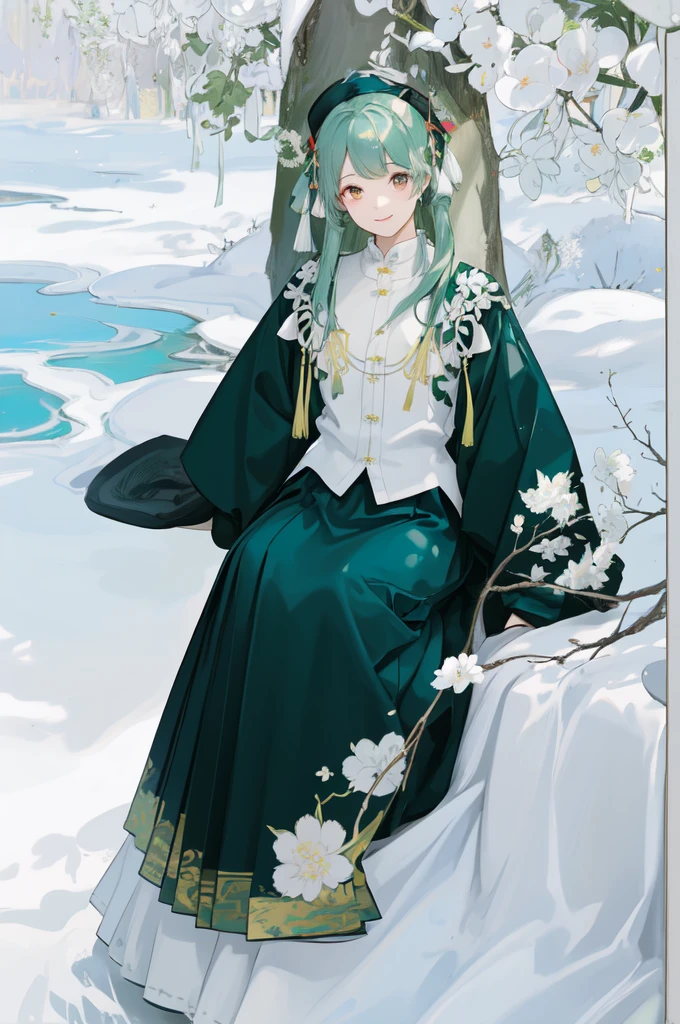 (green printed chinese upshirt),(white long skirt),upper body,shukezouma, negative space, shuimobysim , portrait of a woman standing , willow branches, (masterpiece, best quality:1.2), traditional chinese ink painting, modelshoot style, peaceful, (smile), looking at viewer, song, willow tree in background, wuchangshuo, 