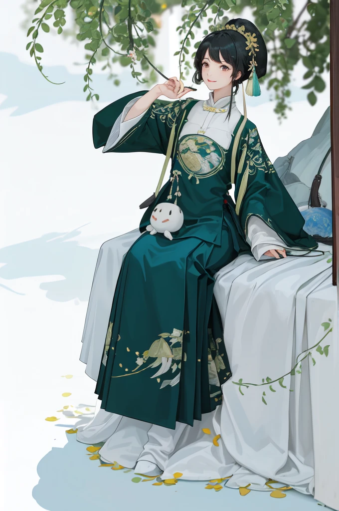 (green printed chinese upshirt),(white long skirt),upper body,shukezouma, negative space, shuimobysim , portrait of a woman standing , willow branches, (masterpiece, best quality:1.2), traditional chinese ink painting, modelshoot style, peaceful, (smile), looking at viewer, song, willow tree in background, wuchangshuo,