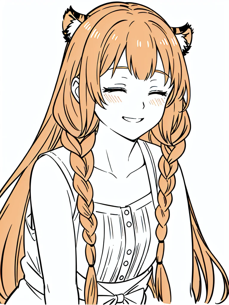 1girl,20 years old,mature female,solo,tiger ears,long hair,(twin braids),orange hair,(white background,line drawing),blush,open mouth,smile,closed eyes,drunked,portrait,smile,teeth
